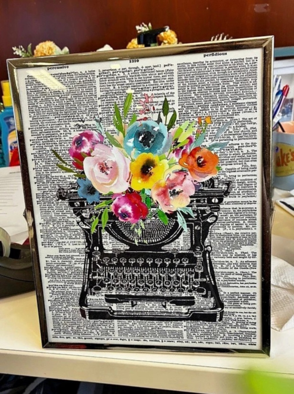 Typewriter with Floral Bouquet Dictionary Art Print Framed Mixed Media Art